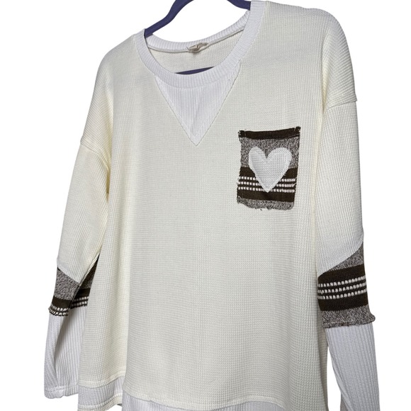 POL Tops - POL Cream Waffle Knit Heart Pocket Long Sleeve Top Women's Size M, Valentines